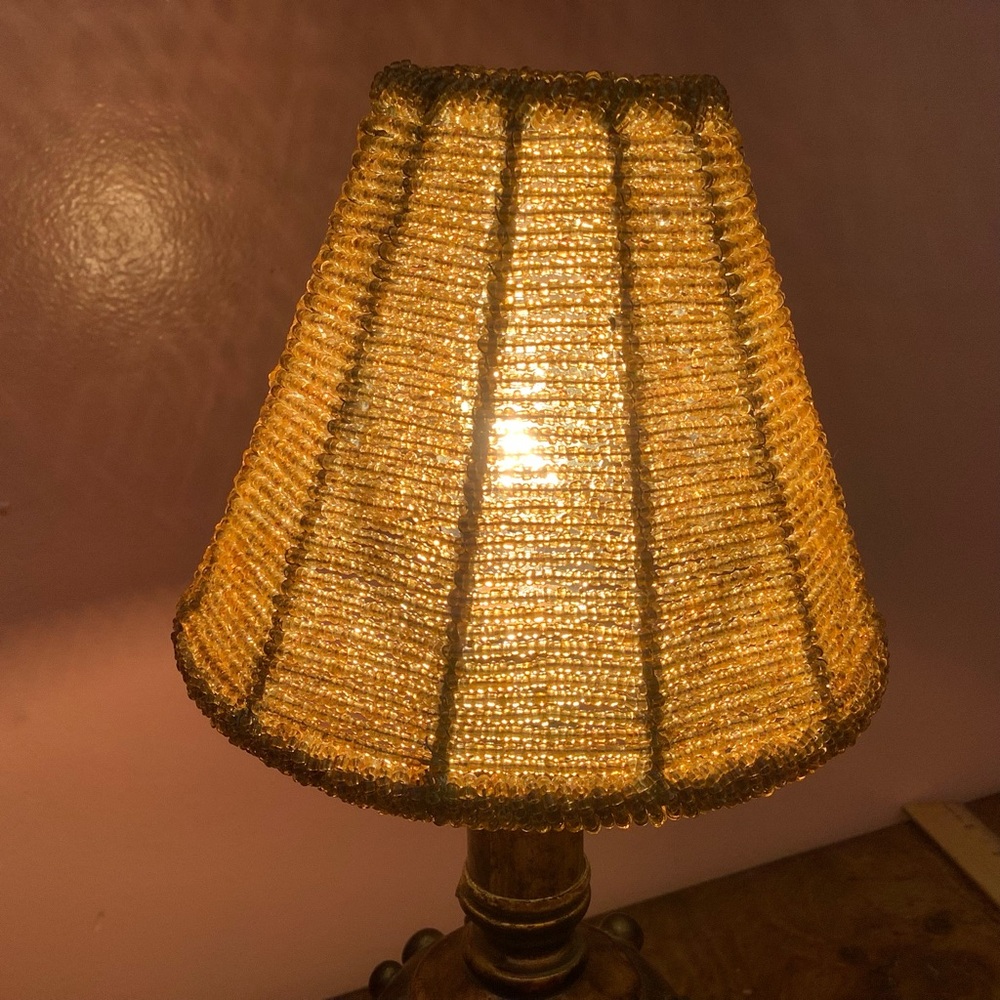 Vintage  Beaded Lamp Shade Gold  Clips Onto Small Bulb 4.25” High X  5” Bottom